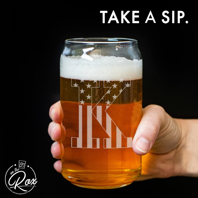 On The Rox Monogram Beer Glasses for Men (A-Z) 16 oz - Beer Gifts for Men Brother Son Dad Neighbor - Unique Gifts for Him - Personalized Drinking Gift Beer Glass Mugs - Engraved Beer Can Glass (K) - Image 5
